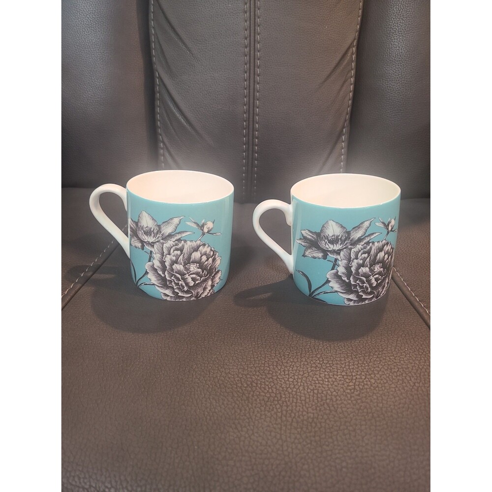 Set of 2 Portobello Inspire Teal Floral Butterfly Coffee Tea Mugs Ceramic